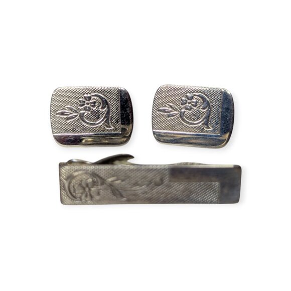 Vintage Cuff Links & Tie Clip Set Mid Century Mod Silver Tone Accessory Formal - Picture 2 of 5